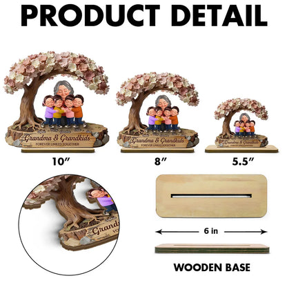 Personalized 2-Layer Wooden Plaque with Hugging Grandma & Grandkids Under Blossom Tree - Unique Family Keepsake Gift