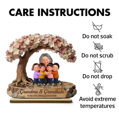 Personalized 2-Layer Wooden Plaque with Hugging Grandma & Grandkids Under Blossom Tree - Unique Family Keepsake Gift