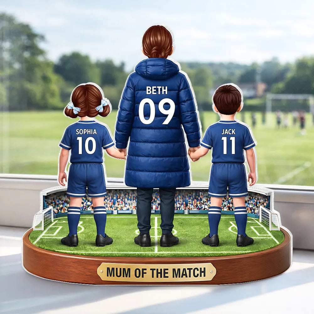 Personalized Shaped Acrylic Block Plaque Soccer Mom Holding Hands with Kids Keepsake, Mum of the Match Gift
