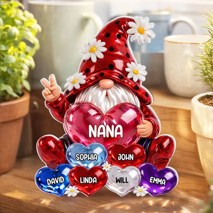 Personalized Shaped Acrylic Block Plaque Nana Gnome Holding Heart Balloons, Sweet Shelf Decor, Unique Gift for Grandma