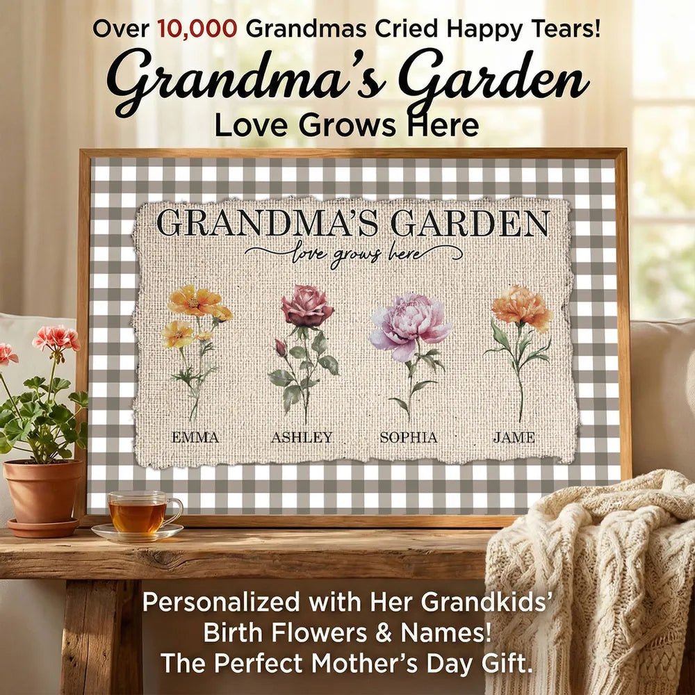 Personalized Grandma's Garden Birth Month Flowers Poster, Gingham Wall Art, Unique Gift for Grandma or Mom