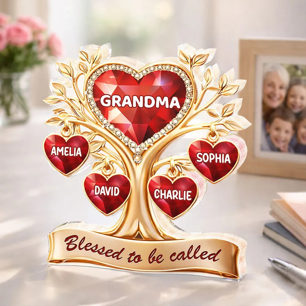 Personalized Shaped Acrylic Block Plaque Heart Family Tree for Grandma, 'Blessed to be called' Keepsake, Unique Gift