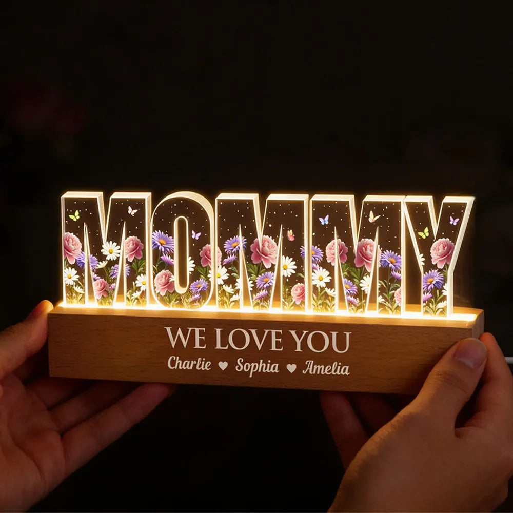 Personalized Block LED Light Plaque for Grandma with Floral Letters and Warm Glow, Unique Custom Gift for Family Love