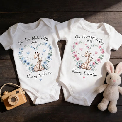 Short Sleeve Baby Onesie Personalized for First Mother's Day, Blue Floral Giraffe Mom and Baby, Sweet Photo-Ready Gift