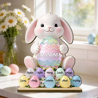 2-Layer Wooden Plaque Personalized for Grandma - Cute Bunny with Pastel Eggs Easter Decor, Heartwarming Custom Gift