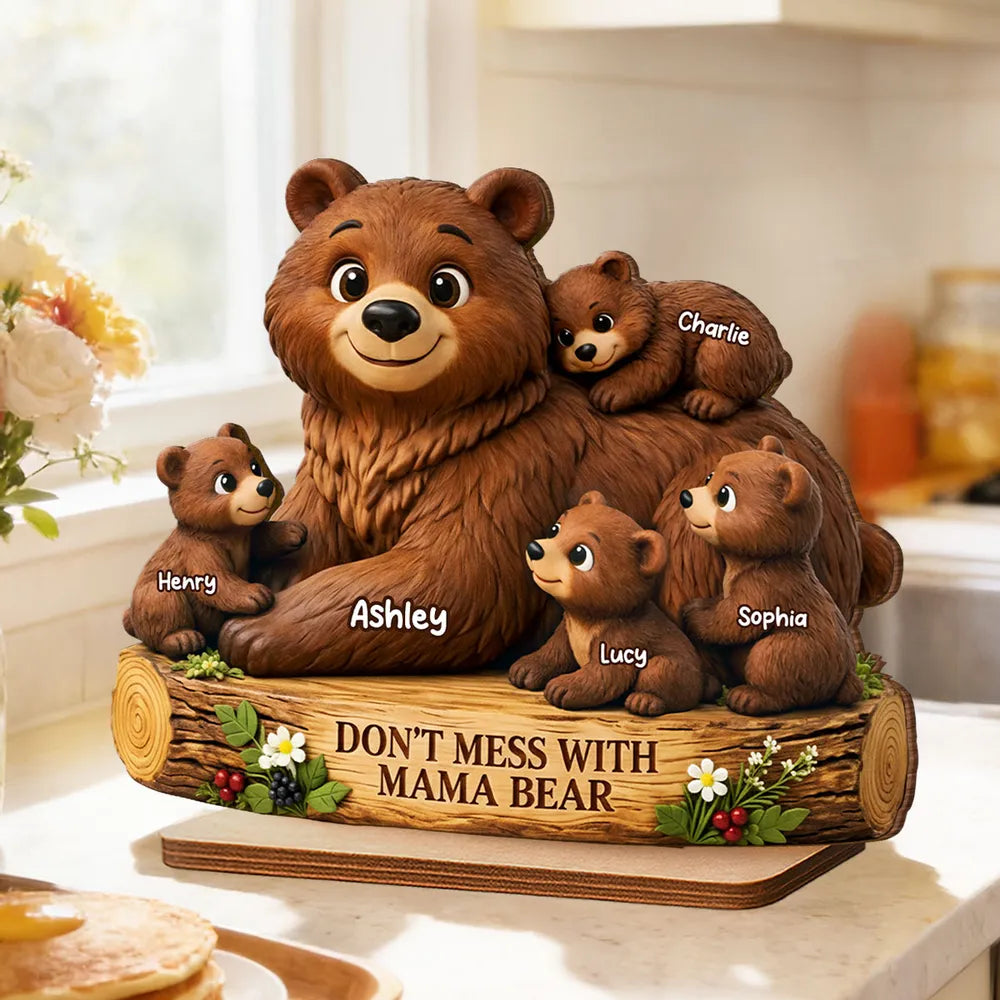 Personalized 2-Layer Wooden Plaque Mama Bear With Cubs, Unique Mother's Day Gift for Mom, Warm Family Keepsake Decor