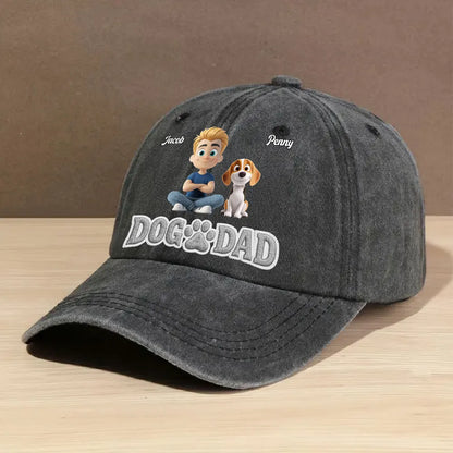Personalized Unstructured Washed Cotton Cap With Cartoon Dog Dad Art, Unique Gift for Dog Lover