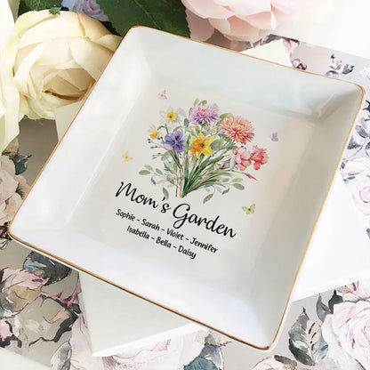 Mom's Garden Jewelry Dish, Personalized Floral Ring Holder for Daily Jewelry Storage, Thoughtful Gift for Mom