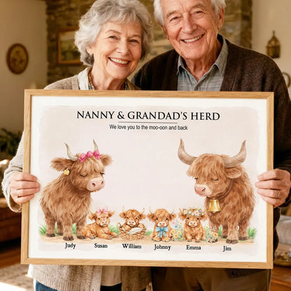 Personalized Highland Cow Family Poster, Nanny & Grandad's Herd Wall Art, Sweet Farm Nursery Decor, Unique Gift for Grandma & Grandpa