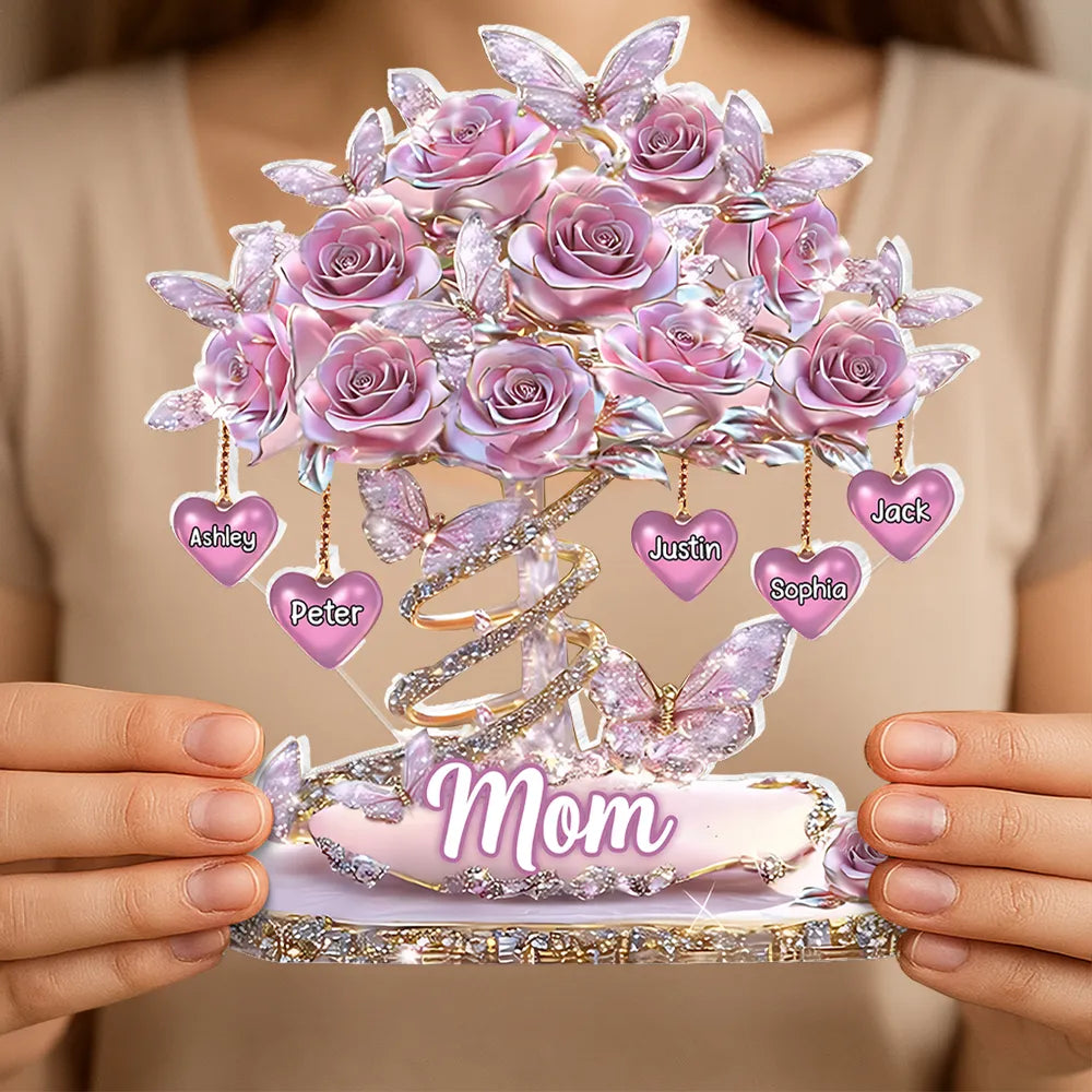 Personalized Heart Rose Tree Shaped Acrylic Block Plaque for Mom, Sparkly Butterfly Shelf Decor, Unique Gift