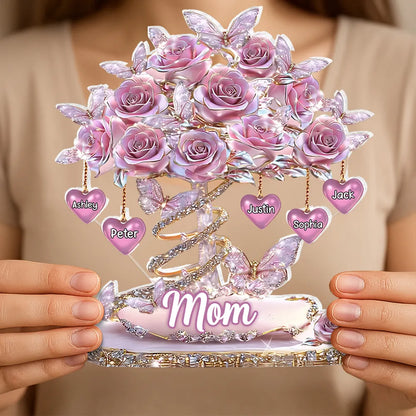 Personalized Heart Rose Tree Shaped Acrylic Block Plaque for Mom, Sparkly Butterfly Shelf Decor, Unique Gift