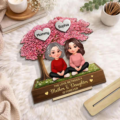 Personalized 2-Layer Wooden Plaque Mother & Daughter Under Pink Blossom Tree, Heartfelt Unique Gift for Mom