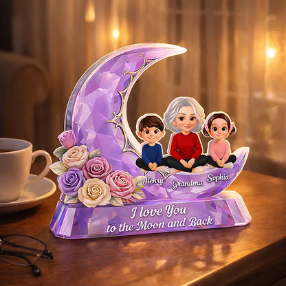 Personalized Shaped Acrylic Block Plaque with Grandma and Grandkids on a Purple Moon, Unique Gift for Grandma, I Love You to the Moon and Back