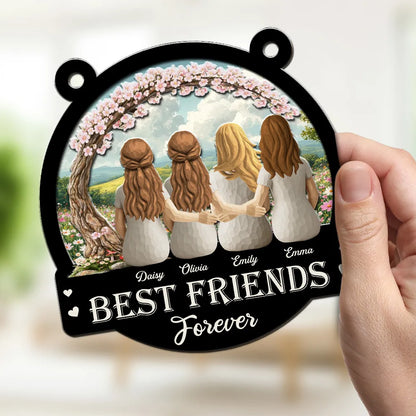 Personalized Wood and Acrylic Layered Ornament Best Friends Forever, Back View Hugging Friends in Wildflower Meadow, Unique Gift