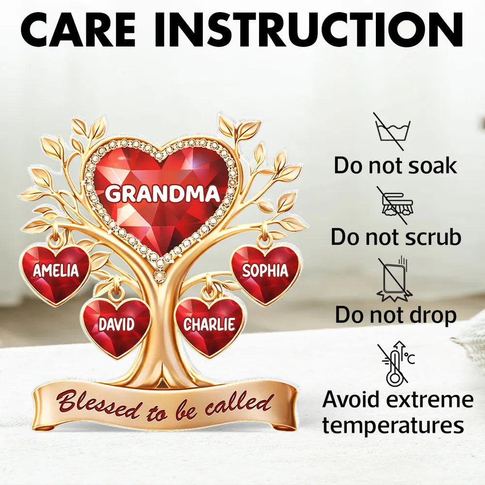 Personalized Shaped Acrylic Block Plaque Heart Family Tree for Grandma, 'Blessed to be called' Keepsake, Unique Gift