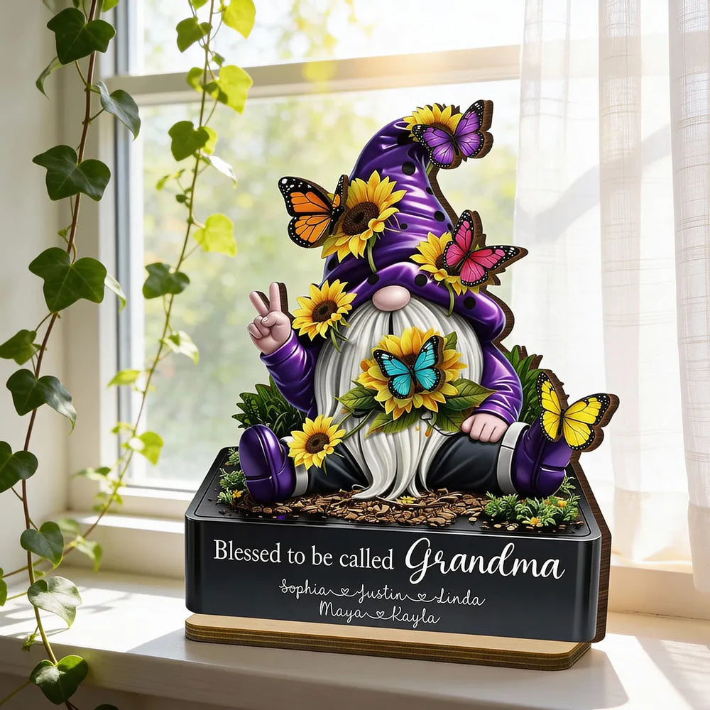 Personalized 2-Layer Wooden Plaque Gnome With Sunflowers & Butterflies for Grandma, Unique Gift With Heartfelt Message