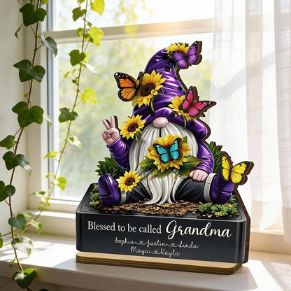 Personalized 2-Layer Wooden Plaque Gnome With Sunflowers & Butterflies for Grandma, Unique Gift With Heartfelt Message