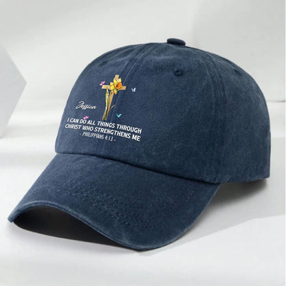 Personalized Washed Denim Baseball Cap With Faith Quote And Floral Cross Vintage Look Unique Christian Gift