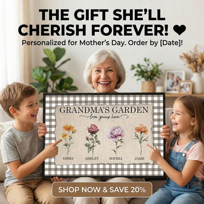 Personalized Grandma's Garden Birth Month Flowers Poster, Gingham Wall Art, Unique Gift for Grandma or Mom