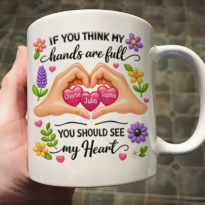 Personalized Ceramic Mug Heart Hands Quote Floral Design, Unique Gift for Mom, Sweet Daily Coffee Reminder