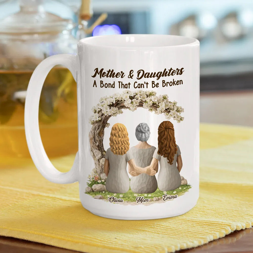 Personalized Mother & Daughter White Ceramic Mug with Back View Hug Under Blossom Tree, Unique Mother's Day Gift
