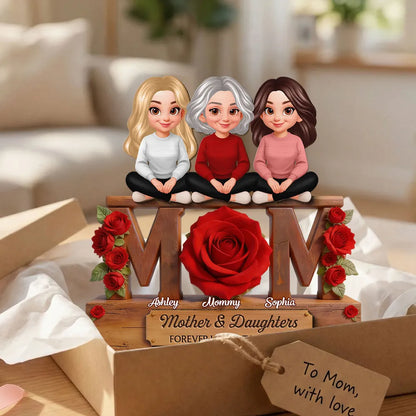 Personalized 2-Layer Wooden Plaque Mom & Daughters Roses Living Room Decor, Unique Gift for Mom