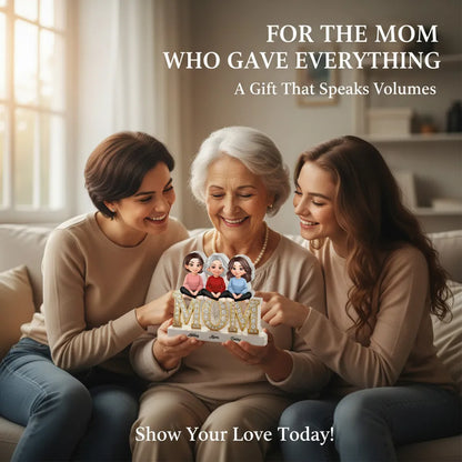Personalized Shaped Acrylic Block Plaque with Mom & Daughters Cartoon Illustration, Sparkly MOM Shelf Decor, Unique Gift for Mom