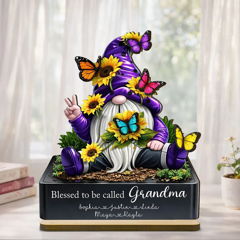 Personalized 2-Layer Wooden Plaque Gnome With Sunflowers & Butterflies for Grandma, Unique Gift With Heartfelt Message