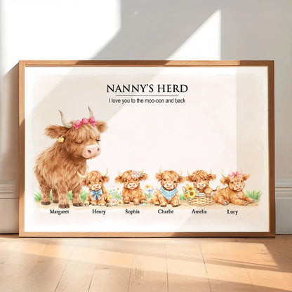 Personalized Highland Cow Family Poster, Nanny & Grandad's Herd Wall Art, Sweet Farm Nursery Decor, Unique Gift for Grandma & Grandpa
