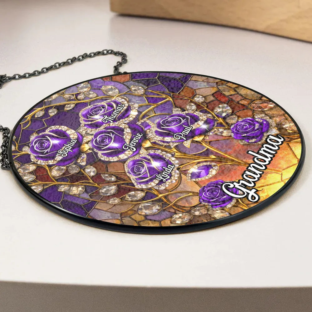 Personalized Glass Suncatcher Ornament with Purple Roses for Grandma, Stained Glass Style Window Display, Unique Keepsake Gift