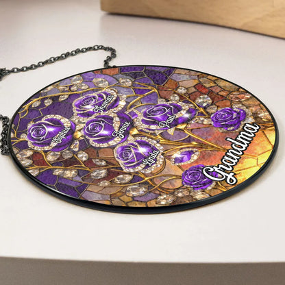 Personalized Glass Suncatcher Ornament with Purple Roses for Grandma, Stained Glass Style Window Display, Unique Keepsake Gift