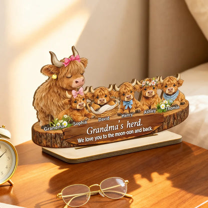 Personalized 2-Layer Wooden Plaque Highland Cow Family, Grandma & Grandpa's Herd, Unique Gift for Grandparents