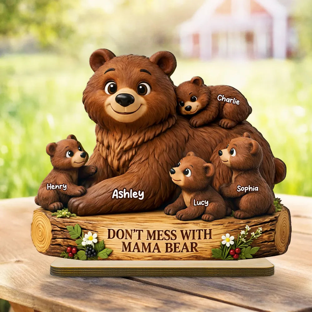 Personalized 2-Layer Wooden Plaque Mama Bear With Cubs, Unique Mother's Day Gift for Mom, Warm Family Keepsake Decor