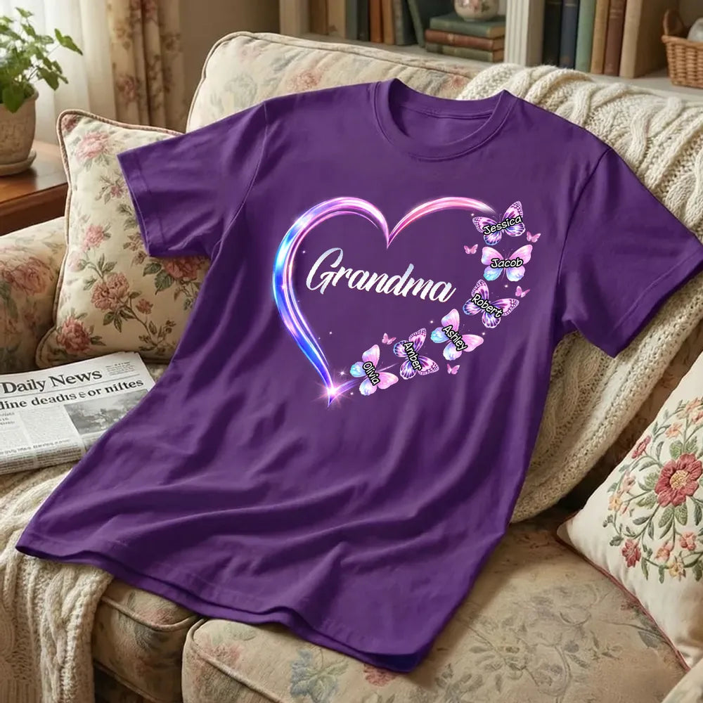 Personalized Grandma Butterfly Heart Classic Tee, Custom Keepsake Gift for Grandma, Glowing Neon Style Love Design