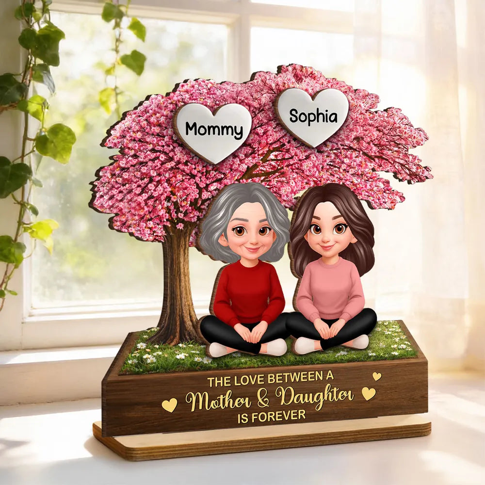 Personalized 2-Layer Wooden Plaque Mother & Daughter Under Pink Blossom Tree, Heartfelt Unique Gift for Mom
