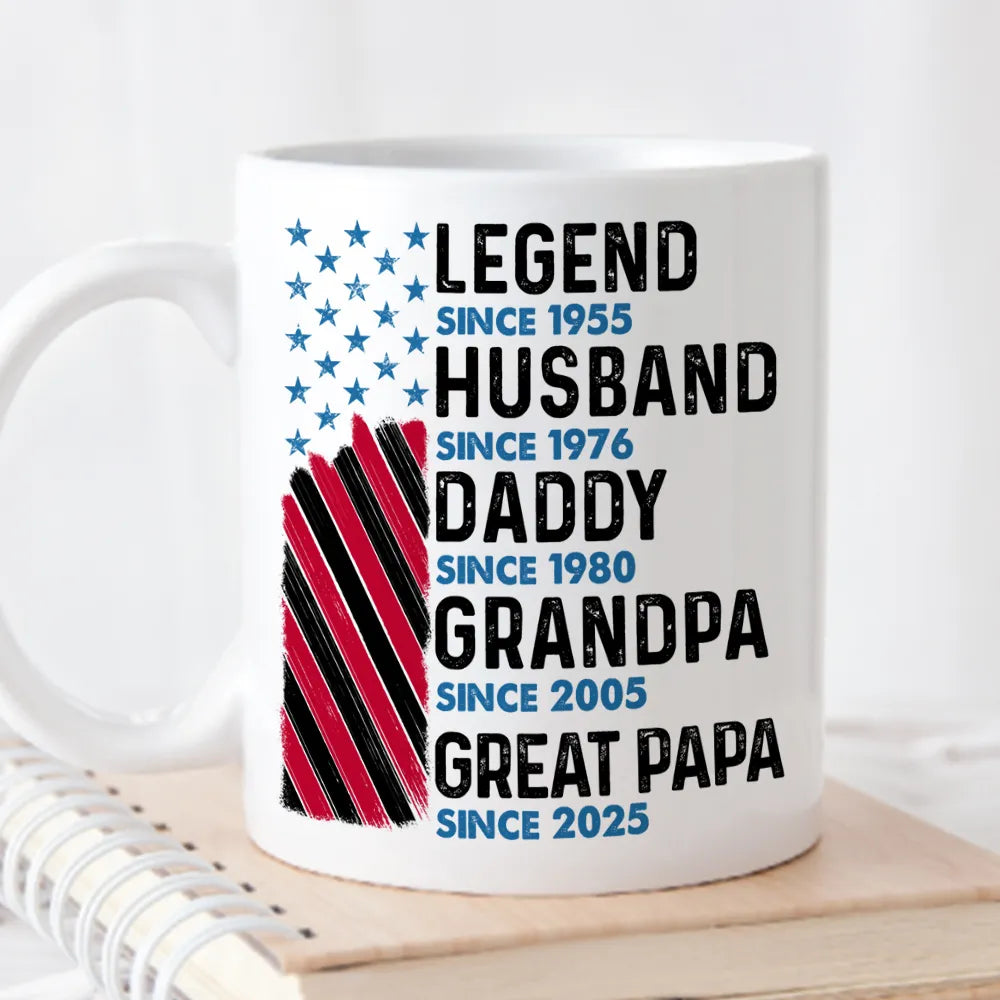 Legend Husband Daddy Grandpa Ceramic Mug - Personalized Keepsake Gift For Morning Coffee With Bold Patriotic Look