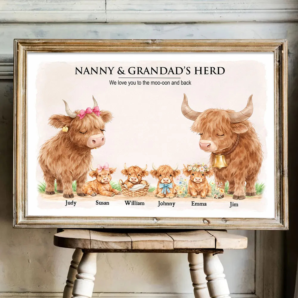Personalized Highland Cow Family Poster, Nanny & Grandad's Herd Wall Art, Sweet Farm Nursery Decor, Unique Gift for Grandma & Grandpa