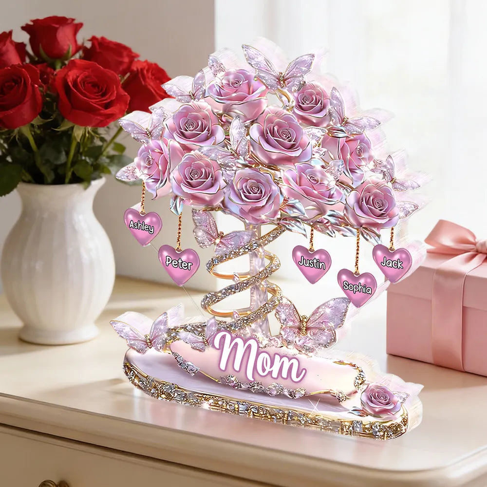 Personalized Heart Rose Tree Shaped Acrylic Block Plaque for Mom, Sparkly Butterfly Shelf Decor, Unique Gift