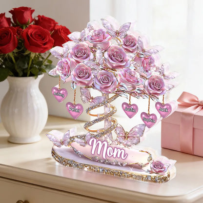 Personalized Heart Rose Tree Shaped Acrylic Block Plaque for Mom, Sparkly Butterfly Shelf Decor, Unique Gift