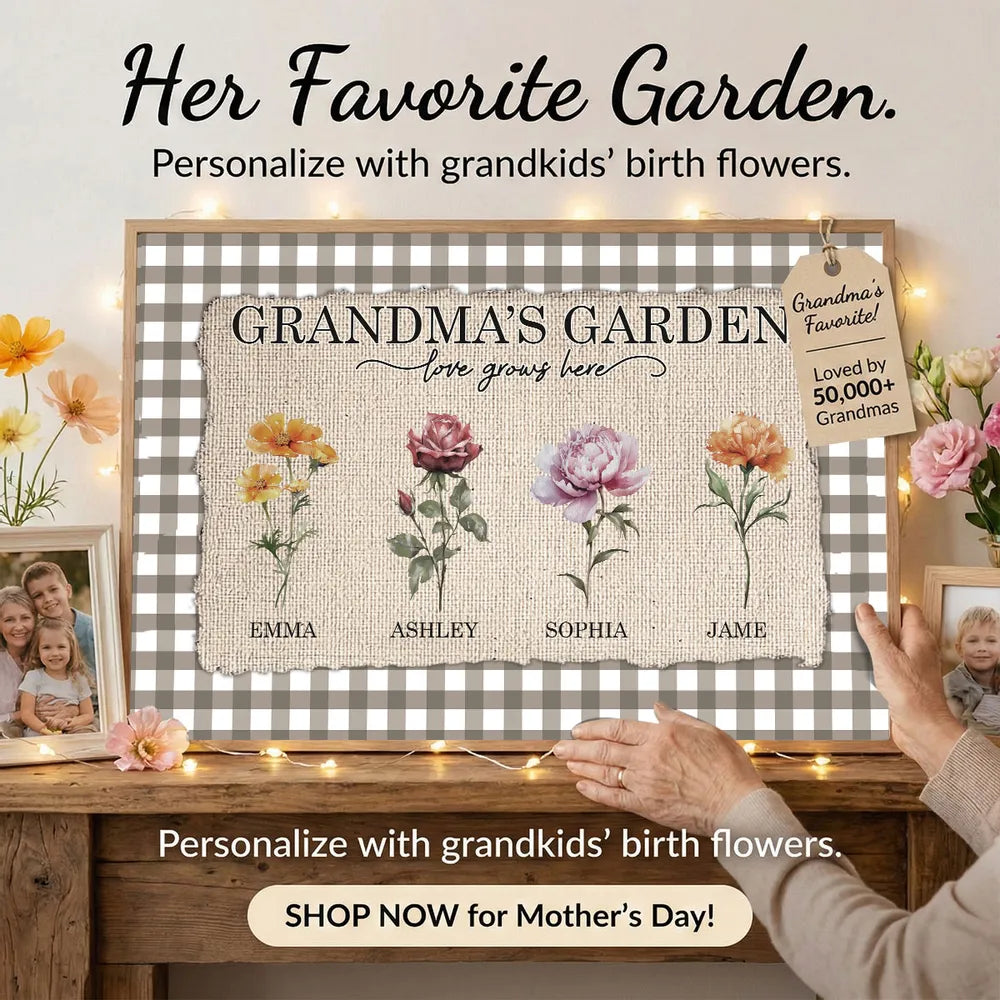 Personalized Grandma's Garden Birth Month Flowers Poster, Gingham Wall Art, Unique Gift for Grandma or Mom
