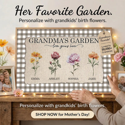 Personalized Grandma's Garden Birth Month Flowers Poster, Gingham Wall Art, Unique Gift for Grandma or Mom