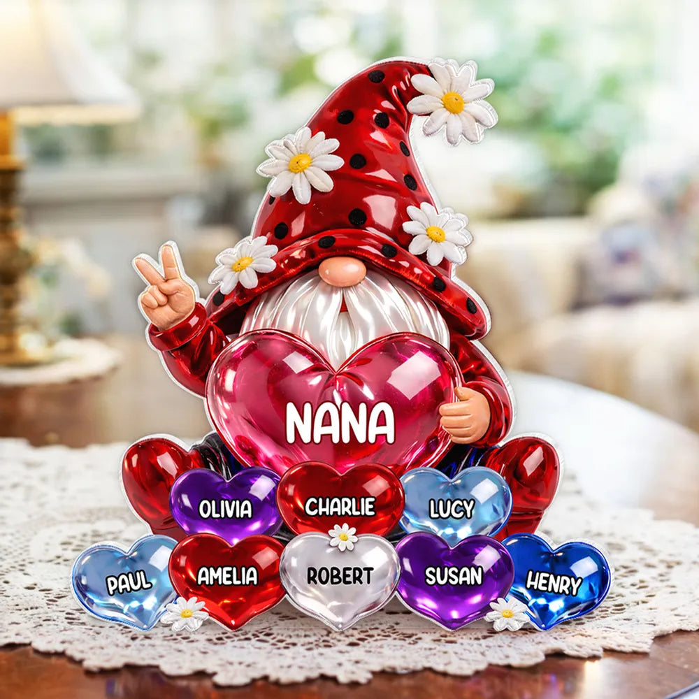 Personalized Shaped Acrylic Block Plaque Nana Gnome Holding Heart Balloons, Sweet Shelf Decor, Unique Gift for Grandma