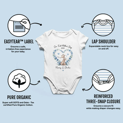 Short Sleeve Baby Onesie Personalized for First Mother's Day, Blue Floral Giraffe Mom and Baby, Sweet Photo-Ready Gift