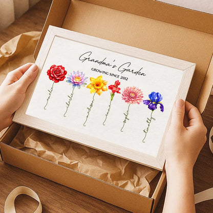 Personalized Grandma's Garden Birth Month Flower Poster, Vibrant Wall Art Keepsake, Unique Gift for Grandma