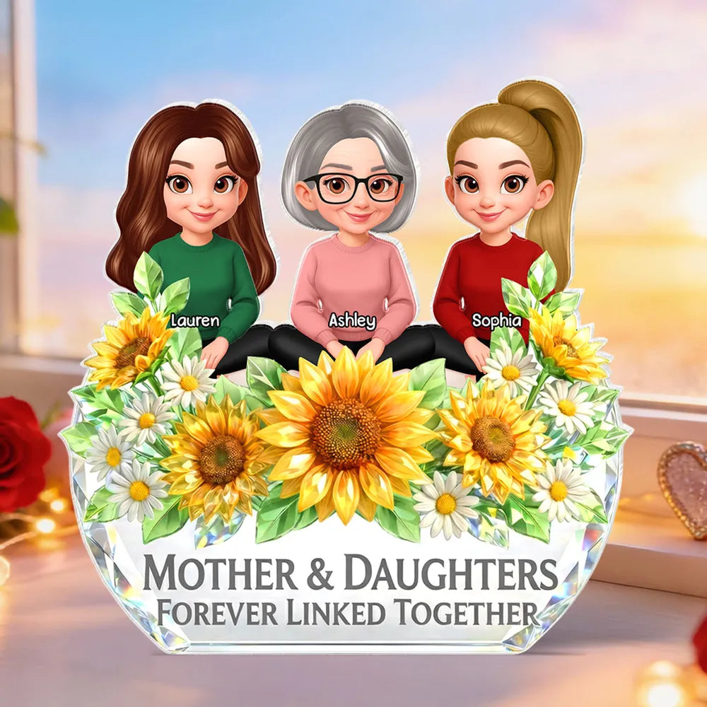 Personalized Shaped Acrylic Block Plaque, Mother & Daughter Forever Linked Together Sunflower Decor, Unique Gift for Mom