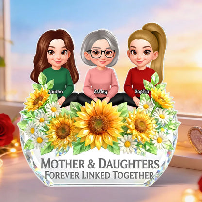 Personalized Shaped Acrylic Block Plaque, Mother & Daughter Forever Linked Together Sunflower Decor, Unique Gift for Mom