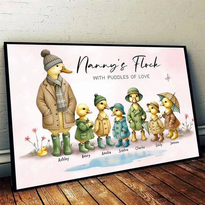 Personalized Nanny's Flock Poster, Cute Duck Family Wall Art, Unique Gift for Grandma or Nana, Warm Modern Decor