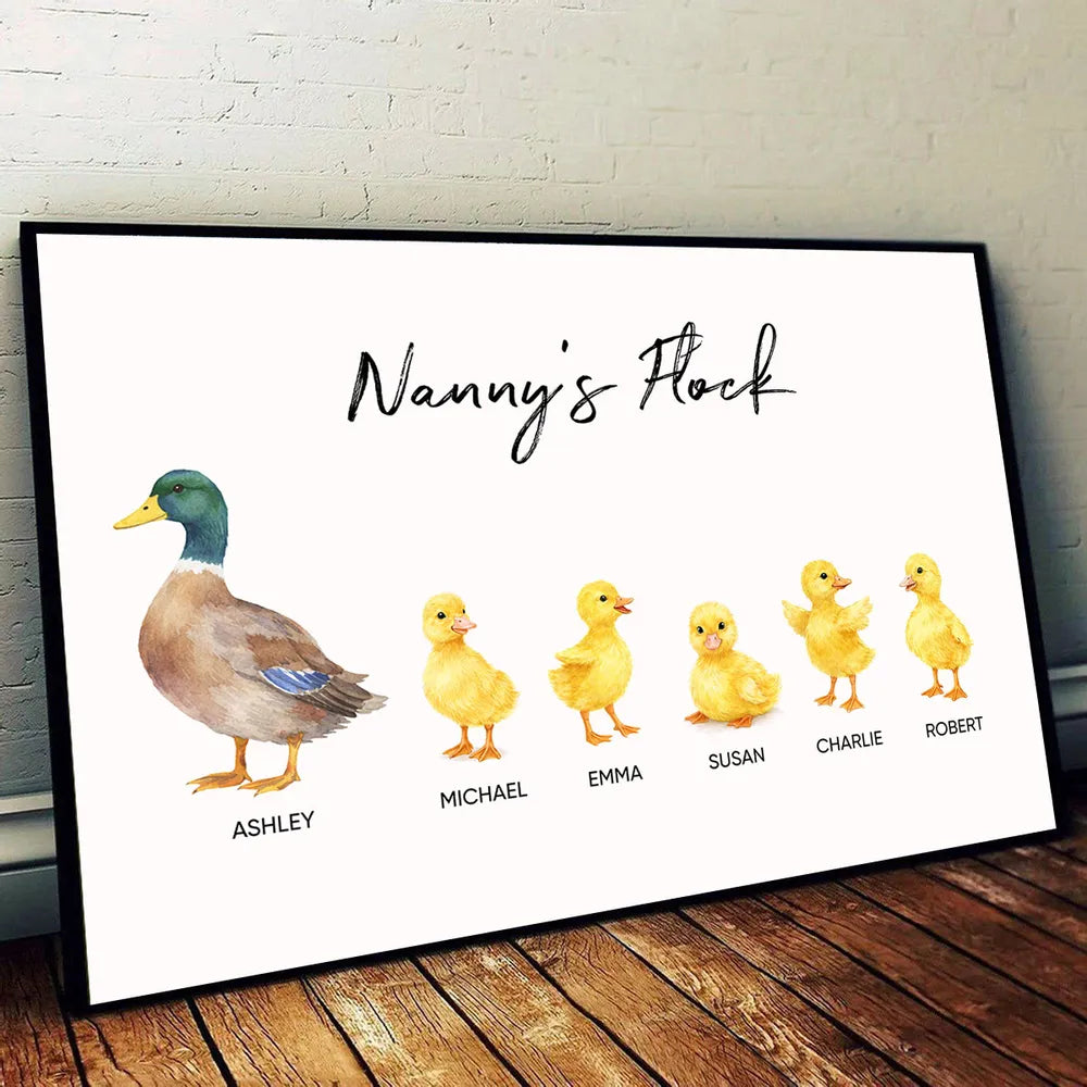 Personalized Grandma Poster, Watercolor Duck and Ducklings Nursery Wall Art, Sweet Gift for Nanny's Home Decor