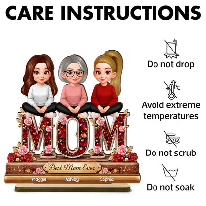 Personalized 2-Layer Wooden Plaque Mom with Daughters Sitting on MOM Roses Best Mom Ever Unique Gift for Mom or Grandma