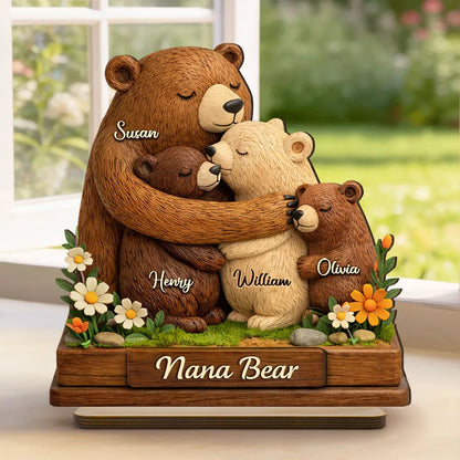 Personalized 2-Layer Wooden Plaque Mama Bear Hugging Cubs, Sweet Floral Family Keepsake, Unique Gift for Mom or Grandma